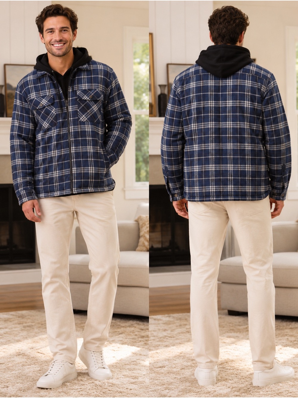 Blue Plaid Hooded Flannel Shirt Jacket – Size L